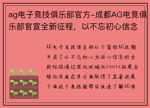 ag电子竞技俱乐部官方-成都AG电竞俱乐部官宣全新征程，以不忘初心信念再铸辉煌
